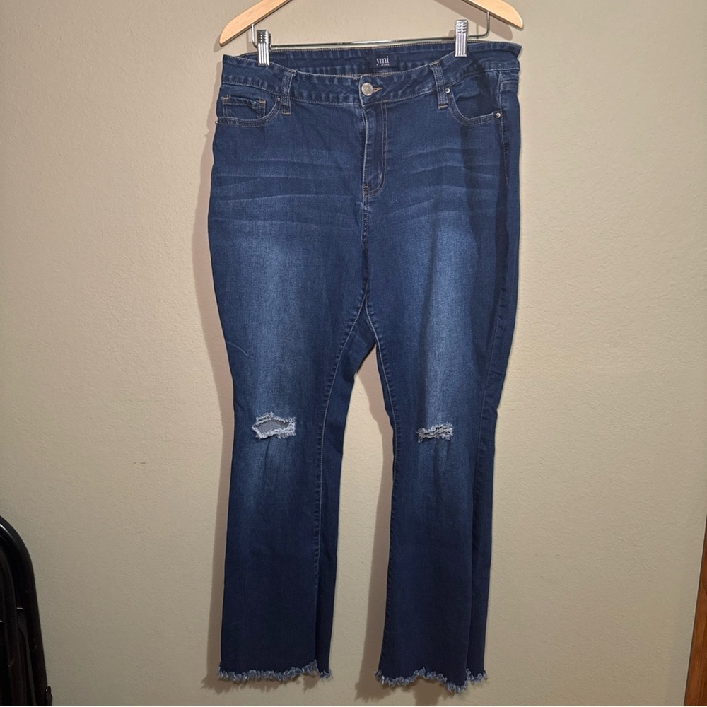 YMI Flare Jeans Size 16 Dark Wash Distressed Raw Hem Y2K Stretch Denim